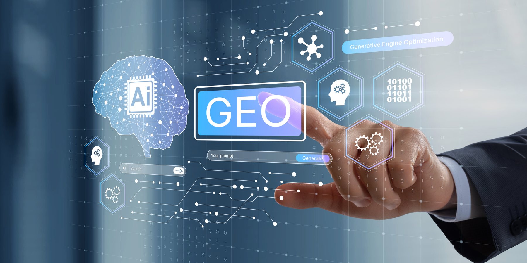 Hand touching a GEO (Generative Engine Optimization) button beside an AI brain icon